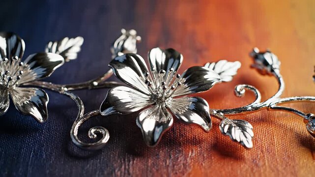 Intricate silver floral vine with detailed petals and leaves against a textured background.