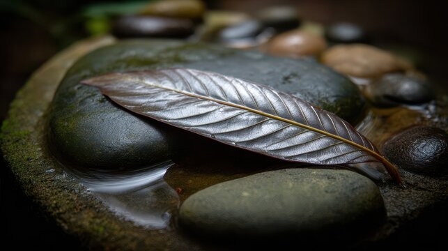 A leaf resting on smooth stones in a shallow pool of water.