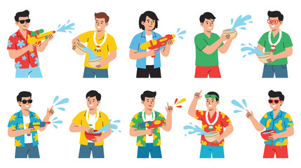 Fototapeta premium Set of cartoon men playing with water guns and bowls celebrating traditional thai festival.