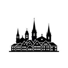 Fototapeta premium Silhouette of a European City Skyline with Churches and Buildings.