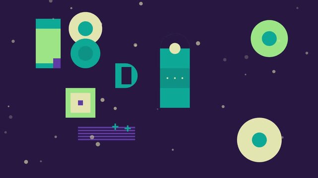Abstract memphis style motion graphics animation with geometric shapes on black background.