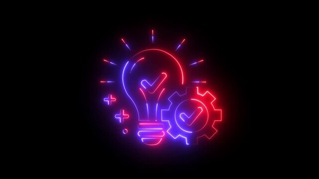 glowing neon Innovation idea lightbulb with gear icon representing creative problem solving, smart solutions engineering strategy concept, business innovation symbol. 4k video animation