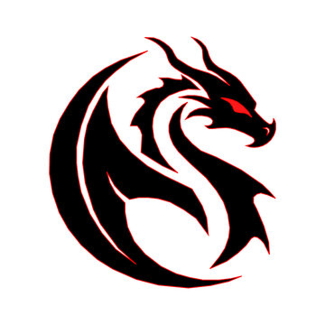 Sleek winged tribal dragon mascot vector art. Dynamic black dragon silhouette with sharp red outline and glowing red eyes isolated on white background, ideal for sports teams, esports branding.