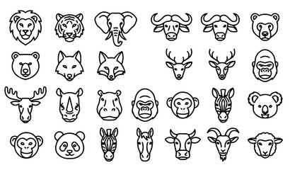 Obraz premium Animal and Wildlife Head Front View Outline Icon Set Editable Stroke Vector Collection