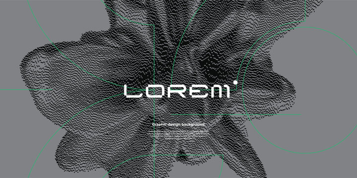 Greyscale background with 3d dithered shape and circle geometric lines.
