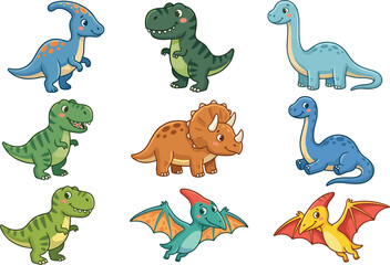Cute Dinosaur Cartoon Character Set - Happy Baby Jurassic Dino Icons Isolated © Kuddus