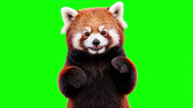 Realistic red panda happy celebration dance, rhythmic joyful movement and victorious business success concept isolated on chroma key green screen background. 3D.