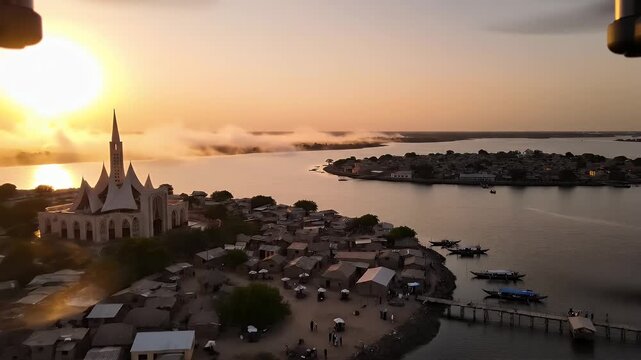 Aerial view of Ganvi&eacute; village and its unique stilt houses at sunset.