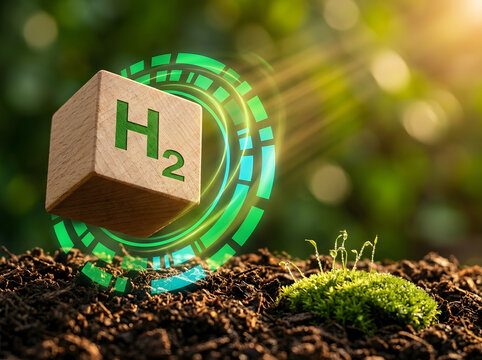 Green Hydrogen H2 Symbol on Wooden Cube floating over Fresh Soil and Moss | Green Hydrogen Clean Energy Concept with H2 Symbol on Wooden Block | Sustainable Green Hydrogen Technology Concept with Glow