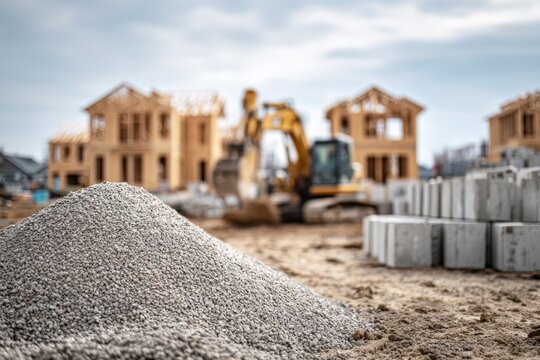 Pile of crushed stones and gravel debris for build. Excavator digs ground near house framing. Residential construction site heavy machinery rental, quarry mineral materials supply industry banner.