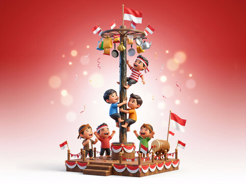 3D Illustration of Indonesian People Participating in Panjat Pinang Traditional Game for Independence Day Celebration
