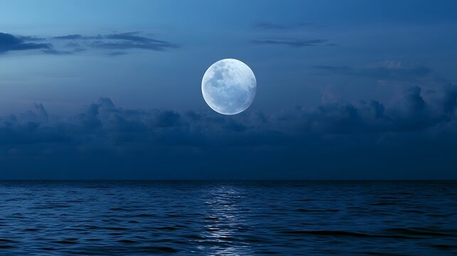 A luminous full moon rises above a tranquil ocean under a deep blue twilight sky with scattered clouds