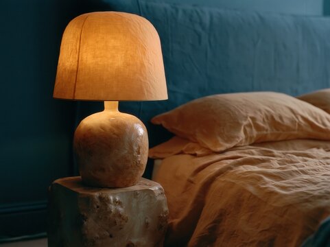 Textured ceramic bedside lamp with linen shade in cozy modern bedroom