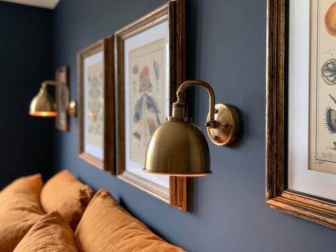 Brass wall sconces with botanical prints in elegant organic modern bedroom