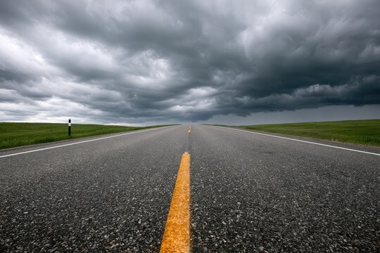 Empty asphalt road stretching towards a stormy, dramatic cloud-filled sky