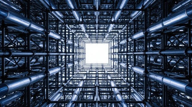 Abstract network of metallic conduits receding into bright light
