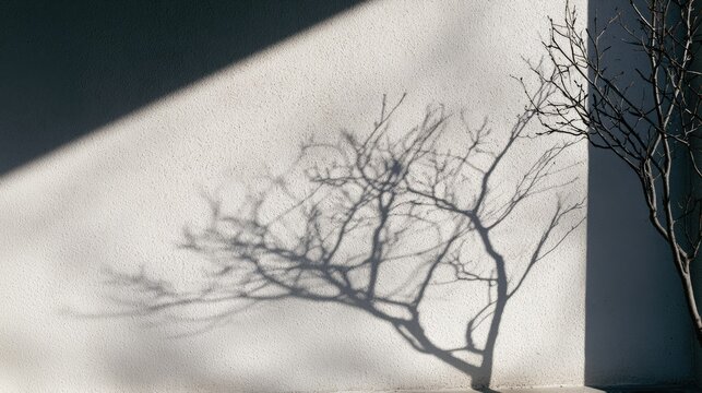 Stark tree casts intricate shadow across a sunlit, textured wall