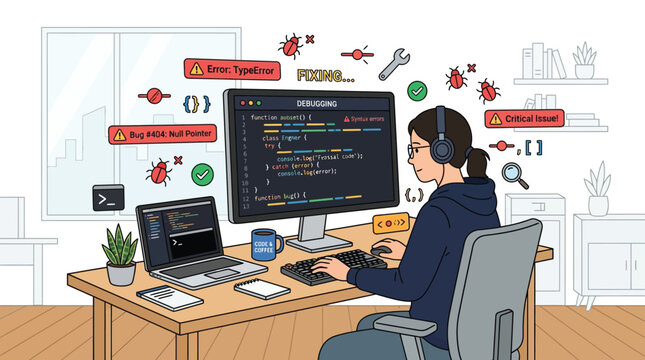 Woman developer focused on debugging code at her desk, surrounded by critical error messages and programming tools, illustrating the problem-solving nature of software development