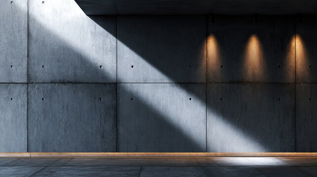 Stark concrete interior with dramatic light shafts and warm uplighting
