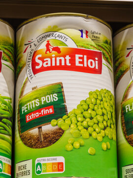 Saint Eloi vegetable canned products. Petits Pois. Green peas in can