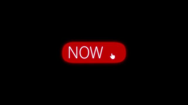 Red NOW button animation with thin white text and hand pointer on black, ideal for call to action, website interface, app navigation and minimal UI projects.