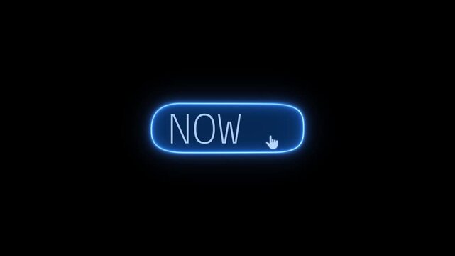 Blue neon NOW button animation with glowing rounded outline, thin white text and hand pointer on black, ideal for futuristic web and app interface projects.