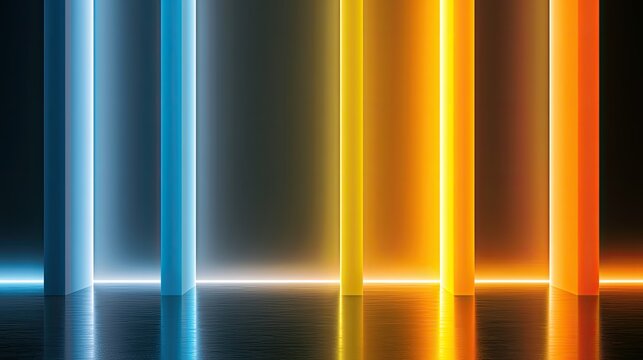 Vertical beams of cool blue and warm orange light emanate from an unseen source