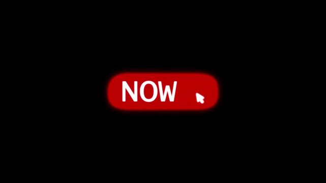 Red NOW button animation with bold white text and arrow cursor on black, ideal for call to action, website interface, app UI and digital marketing projects.