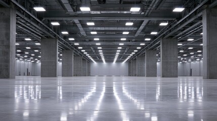 Obraz premium Vast, empty exhibition hall with polished floor and bright ceiling lights