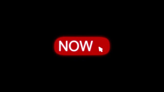 Minimal red NOW button animation with clean white text and arrow cursor on black, ideal for call to action, website navigation and simple app interface projects.