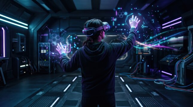 Person wearing virtual reality headset playing immersive game, futuristic gaming room, neon lights, cyberspace interaction, augmented reality experience, metaverse