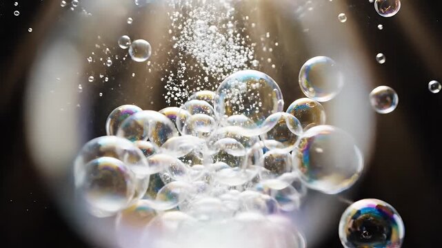 Close-up shot of iridescent soap bubbles rising in water.