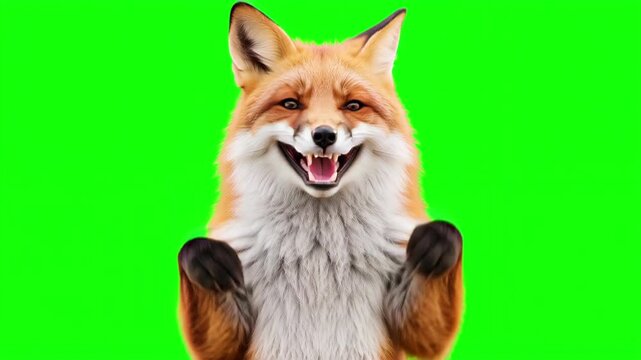 Realistic fox happy celebration dance, rhythmic joyful movement and victorious business success concept isolated on chroma key green screen background. 3D.