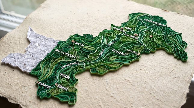 Paper quilling map of Pakistan. Handcrafted 3D paper art of the Pakistani national territory.