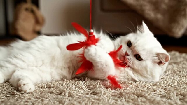 Playful White Fluffy Cat Swatting Red Feather Toy on Carpet