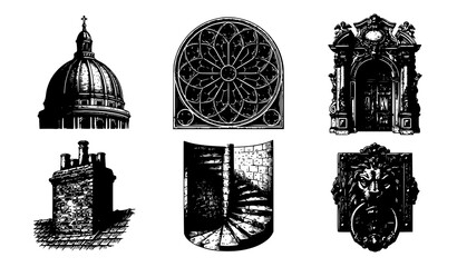 Vintage Gothic Cathedral Architecture Vector Set with Church Dome Window Gate and Tower Icons for Retro Historic Graphic Design Elements © mdAminul