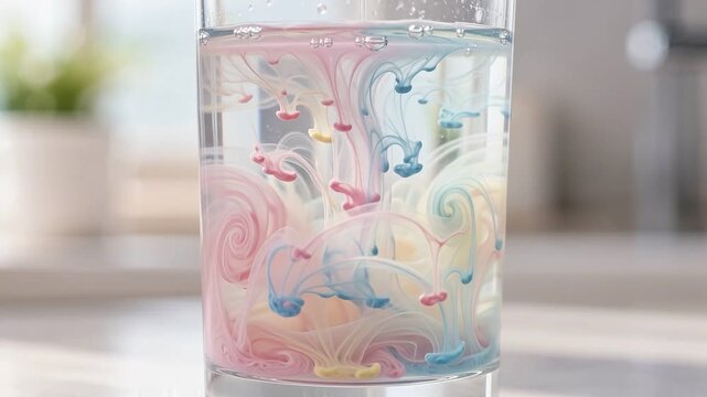 Electrolyte powder dissolving into a glass of water in slow motion