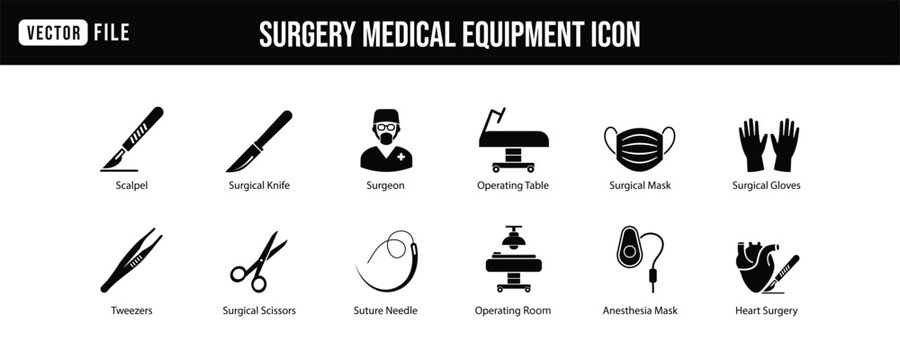 Surgery Medical Equipment and Healthcare Icons Set with Surgeon Hospital Tools and Anesthesia Essentials
