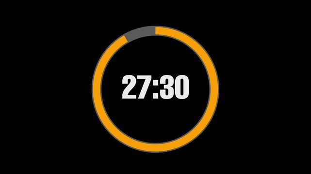 30 minutes countdown timer animation showing time remaining in a circular progress bar. Digital clock display for productivity, deadlines, and workout intervals on a black background.