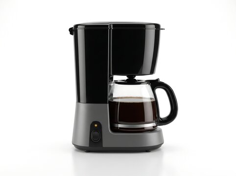 Modern black and grey coffee maker with a glass carafe filled with fresh coffee isolated on white background