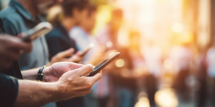 Group young people stand together each absorbed in browsing, typing on their smartphones. Digital addiction, social media, mobile application. Social network society generation, internet online. Gen Z