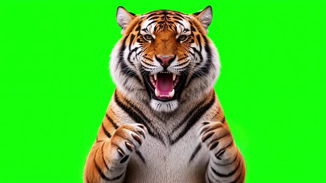Realistic Tiger happy celebration dance, rhythmic joyful movement and victorious business success concept isolated on chroma key green screen background. 3D.