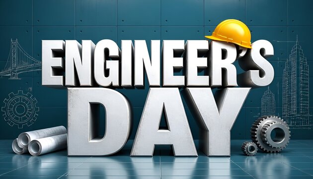 3d metal engineer's day text attached on wire-frame structure, yellow hard hat hanging on it. blueprint grid