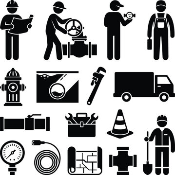 Plumbing and Water Utility Services Icon Set Featuring Plumbers Industrial Pipes Maintenance Equipment and WorkersPlumbing and Water Utility Services Icon Set Featuring Plumbers Industrial Pipes