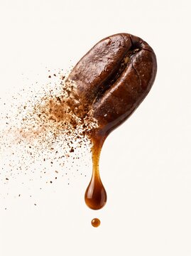 A single roasted coffee bean disintegrating into coffee grounds and a liquid drop of espresso, isolated on white background