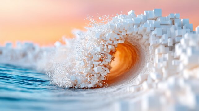 A powerful ocean wave frozen in motion within a white void space, the crest of the wave turning into a cluster of perfect geometric voxel cubes
