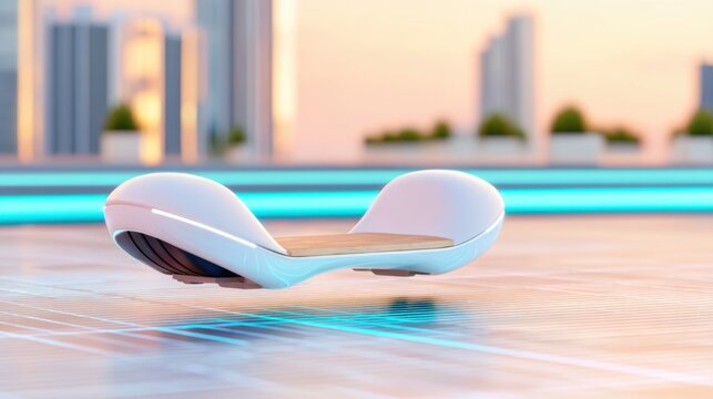 A sleek white hoverboard levitating two inches above a glowing LED pavement, minimalist park at sunset, soft motion blur, futuristic urban transport