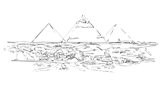 Pyramids of Giza in Egypt line art vector sketch isolated on white