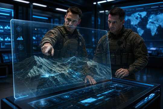Military Officers Strategizing Mission Using Futuristic 3D Holographic Terrain Mapping on Transparent Display in Digital Command Center