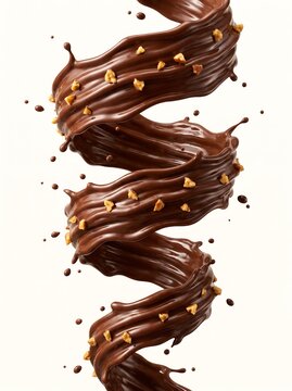 Dynamic swirl of liquid chocolate with crunchy nut pieces isolated on white background